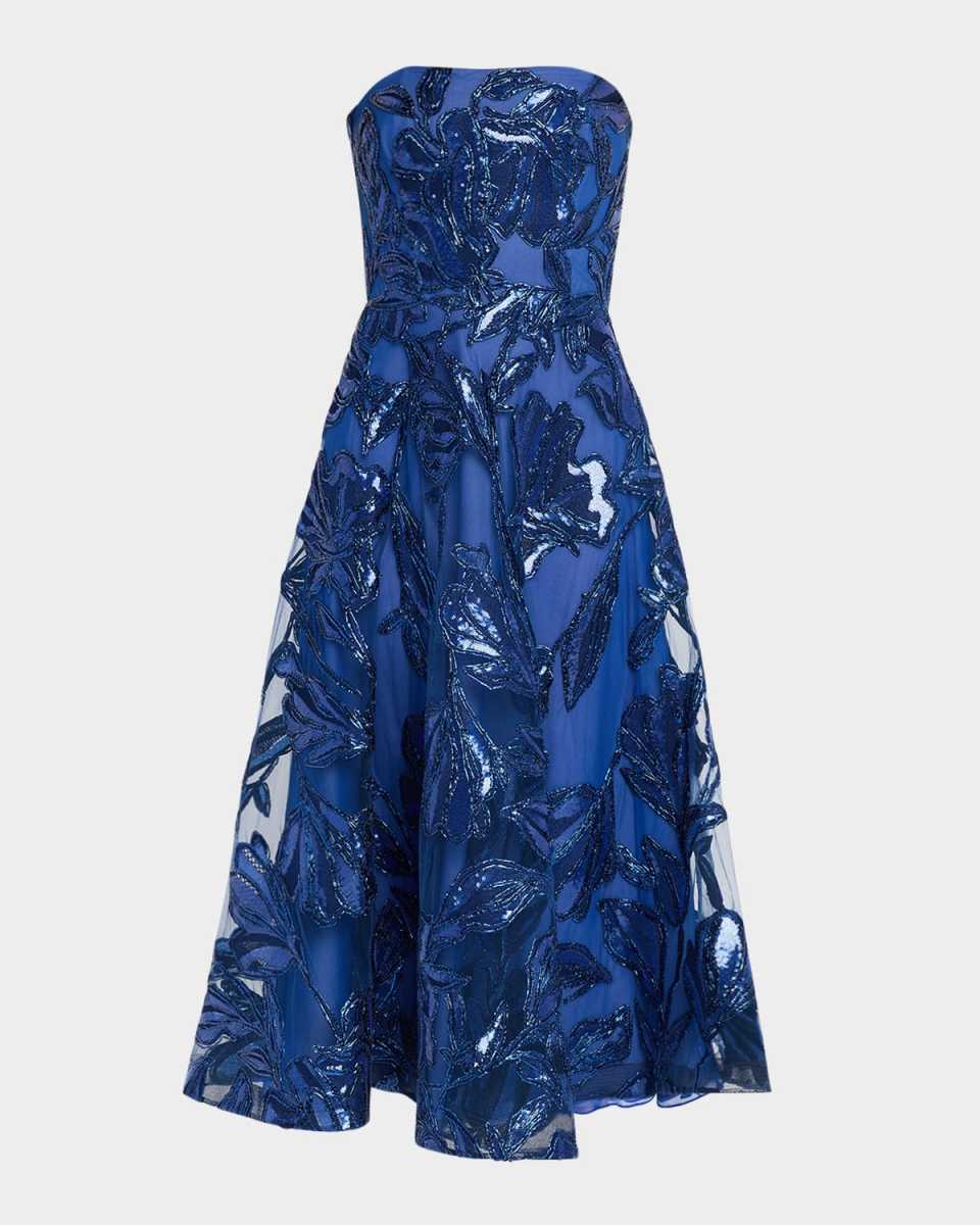 Metallic Raffia Strapless Tea-Length Dress